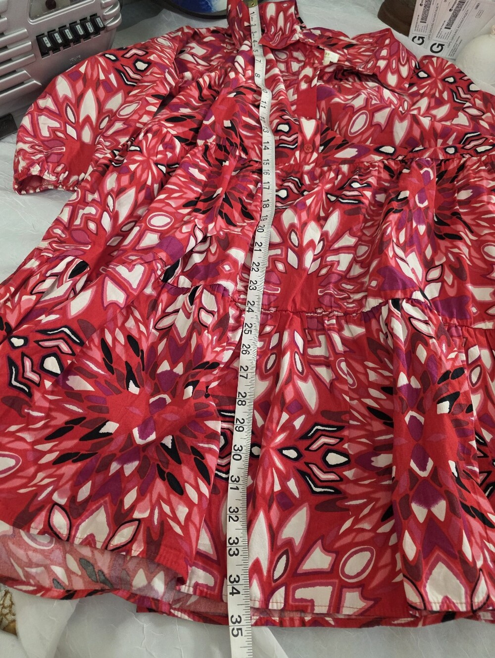 Maeve Anthropologie Bettina Tiered Shirt Dress Womens LARGE Red Pink Floral - Picture 10 of 11